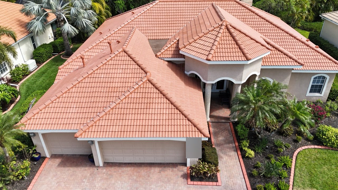 Terracotta-colored tile roof on a home